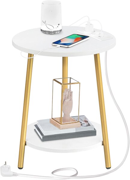 Kulatý odkládací stolek Vasagle Luretta 40 cm s nabíjecí stanicí bílý/zlatý
