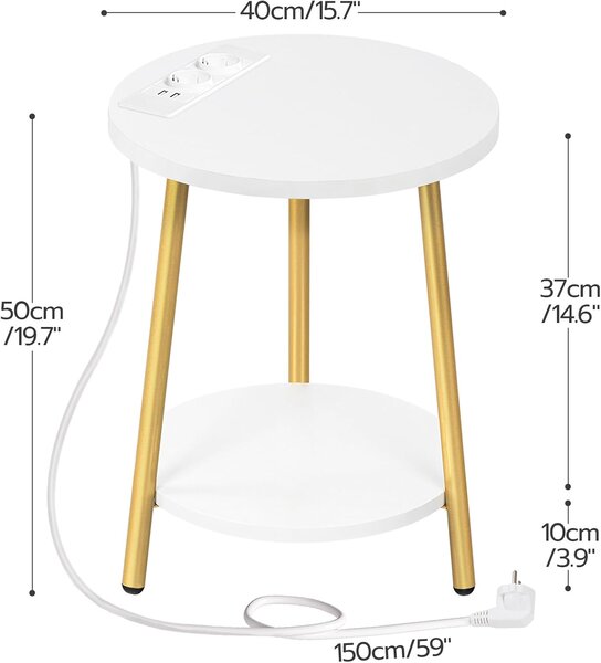 Kulatý odkládací stolek Vasagle Luretta 40 cm s nabíjecí stanicí bílý/zlatý