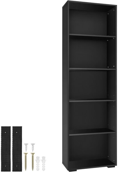 Tectake Regál na knihy Lexi – 5 přihrádek 60x30x190cm - černá
