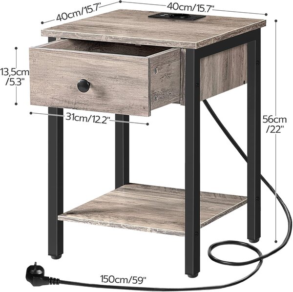 Noční stolek Vasagle Ferira 40 cm s nabíjecí stanicí černý/šedý