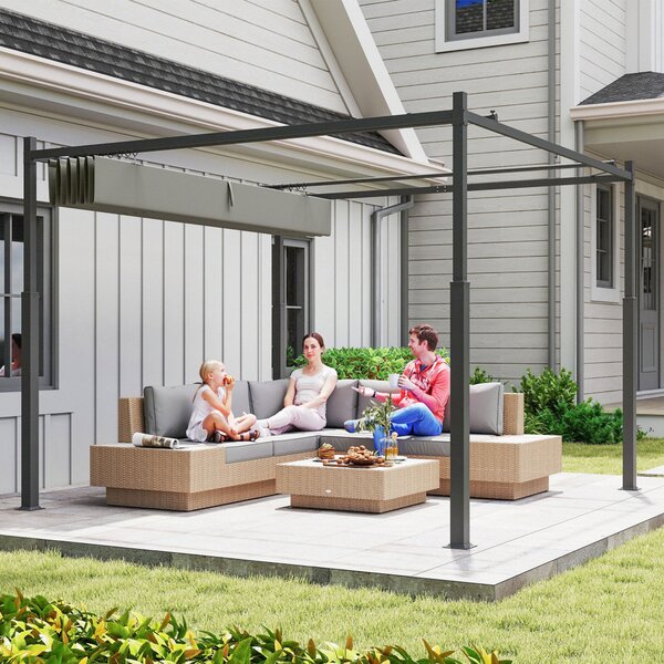 Outsunny zatahovací pergola 3 × 3 m – 180 g/m² polyester, UPF30+, magnetické upevnění, šedá | Aosom