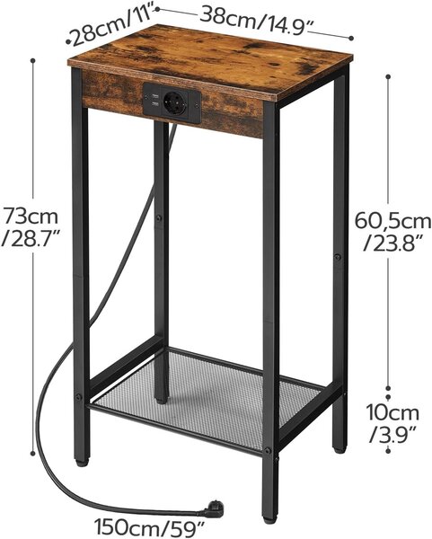Odkládací stolek Vasagle Gravira 38 cm s nabíjecí stanicí černý/hnědý