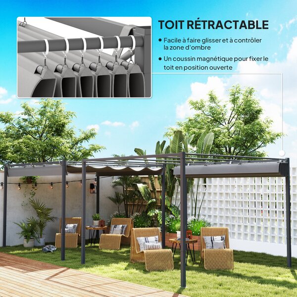 Outsunny vysouvací pergola 3 × 3 m — 180 g/m² UV-odolná plachta, magnetické zajištění, práškově lakovaný ocelový rám | Aosom
