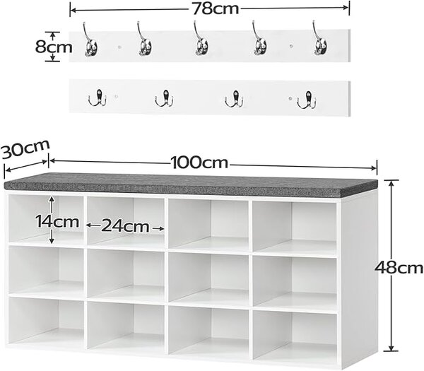 Předsíňový věšák s botníkem a sedákem Vasagle Jungo 100 cm bílý/šedý