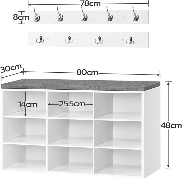 Předsíňový věšák s botníkem a sedákem Vasagle Jungo 80 cm bílý/šedý