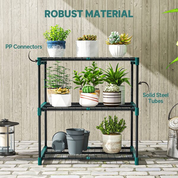 Outsunny 3patrový stojan na rostliny, výška 72 cm, regál do interiéru i exteriéru, ocelový víceúrovňový stojan, tmavě zelený | Aosom
