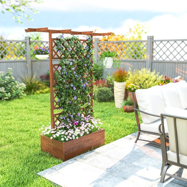 Outsunny vyvýšený truhlík z borového dřeva s mřížkou a stříškou, pro popínavé rostliny, balkon a zahradu, 160 × 55 × 183 cm — oranžový | Aosom