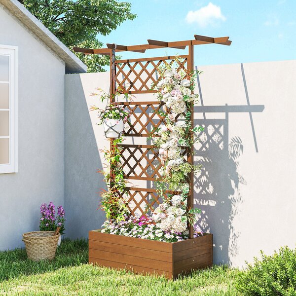 Outsunny vyvýšený truhlík z borového dřeva s mřížkou a stříškou, pro popínavé rostliny, balkon a zahradu, 160 × 55 × 183 cm — oranžový | Aosom