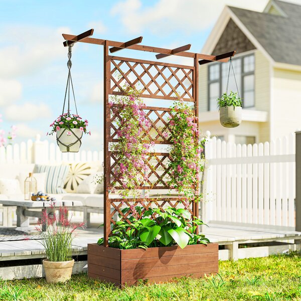 Outsunny vyvýšený truhlík z borového dřeva s mřížkou a stříškou, pro popínavé rostliny, balkon a zahradu, 160 × 55 × 183 cm — oranžový | Aosom
