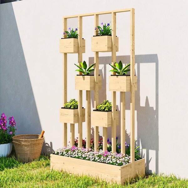 Outsunny dřevěný vyvýšený truhlík s mřížkou, 90 × 45 × 170 cm — truhlík pro popínavé rostliny, balkon a terasu | Aosom