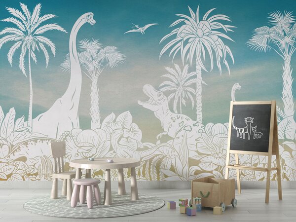 Tapeta s dinosaury - Monochrome Dino - Blue sky | Fugu Materiál: Digitální eko vlies - klasická tapeta nesamolepicí