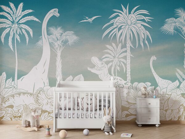 Tapeta s dinosaury - Monochrome Dino - Blue sky | Fugu Materiál: Digitální eko vlies - klasická tapeta nesamolepicí