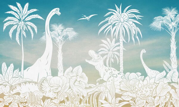 Tapeta s dinosaury - Monochrome Dino - Blue sky | Fugu Materiál: Digitální eko vlies - klasická tapeta nesamolepicí