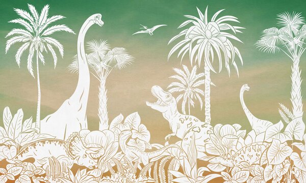 Tapeta s dinosaury - Monochrome Dino - Green sky | Fugu Materiál: Digitální eko vlies - klasická tapeta nesamolepicí