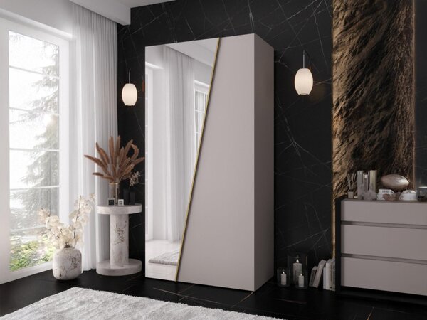 Šatní skříň se zrcadlem Grelipt 1L 100 cm, Barva: bílá / bílá + zlatá 5903211528385