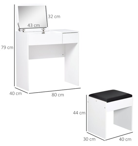 HOMCOM Toaletka s Taburetem a Odklápěcím Zrcadlem 80x40x79 cm a Úložnými Boxy 40x30x40 cm Bílá | Aosom