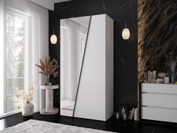 Šatní skříň se zrcadlem Grelipt 1L 100 cm, Barva: bílá / bílá + zlatá 5903211528385