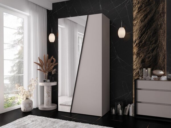 Šatní skříň se zrcadlem Grelipt 1L 100 cm, Barva: bílá / bílá + zlatá 5903211528385