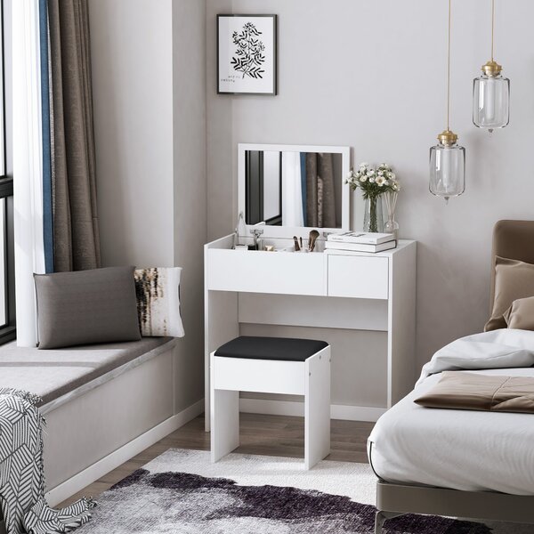 HOMCOM Toaletka s Taburetem a Odklápěcím Zrcadlem 80x40x79 cm a Úložnými Boxy 40x30x40 cm Bílá | Aosom
