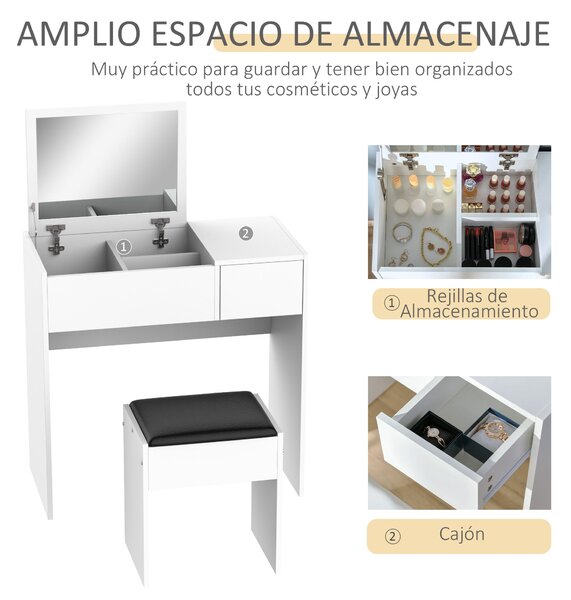 HOMCOM Toaletka s Taburetem a Odklápěcím Zrcadlem 80x40x79 cm a Úložnými Boxy 40x30x40 cm Bílá | Aosom