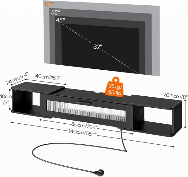 VASAGLE Závěsný TV stolek Browny 140 cm s LED osvětlením černý