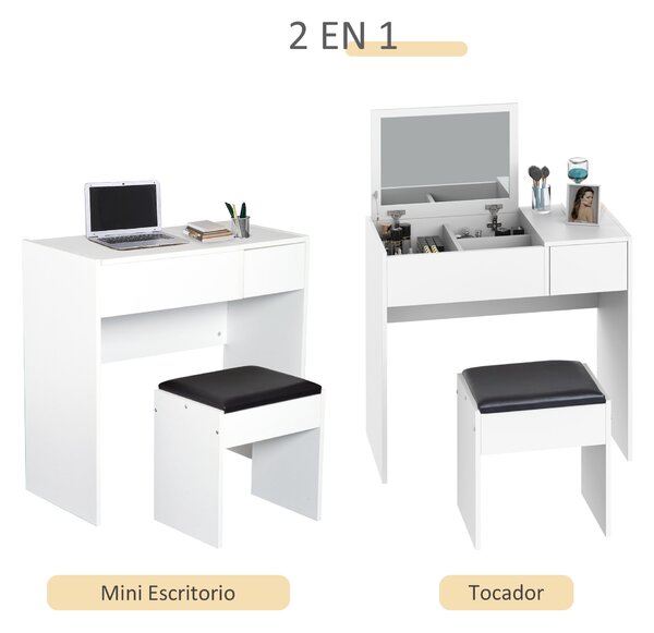 HOMCOM Toaletka s Taburetem a Odklápěcím Zrcadlem 80x40x79 cm a Úložnými Boxy 40x30x40 cm Bílá | Aosom