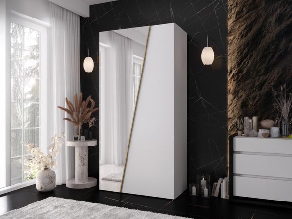 Šatní skříň se zrcadlem Grelipt 1L 100 cm, Barva: bílá / bílá + zlatá 5903211528385