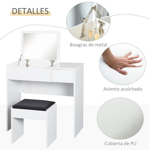 HOMCOM Toaletka s Taburetem a Odklápěcím Zrcadlem 80x40x79 cm a Úložnými Boxy 40x30x40 cm Bílá | Aosom
