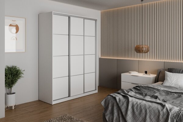 Česká šatní skříň NEJBY BARNABA 150 cm s posuvnými dveřmi, 4 šuplíky a 2 šatními tyčemi, bílá