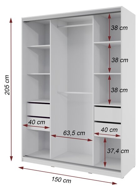 Česká šatní skříň NEJBY BARNABA 150 cm s posuvnými dveřmi, 4 šuplíky a 2 šatními tyčemi, bílá