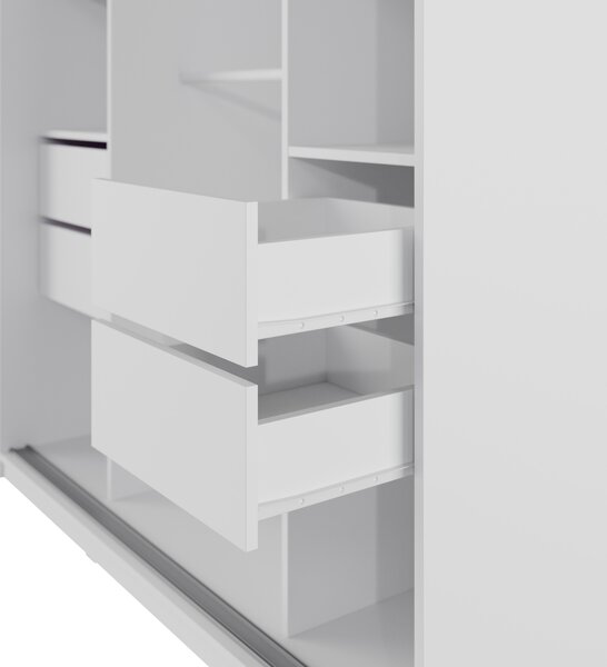 Česká šatní skříň NEJBY BARNABA 150 cm s posuvnými dveřmi, 4 šuplíky a 2 šatními tyčemi, bílá