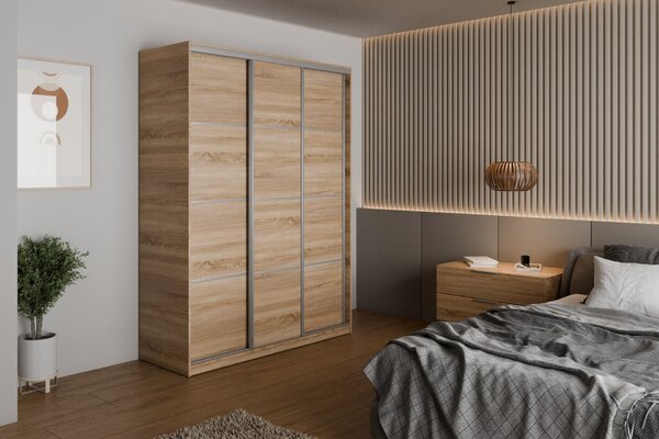 Česká šatní skříň NEJBY BARNABA 150 cm s posuvnými dveřmi, 4 šuplíky, 2 šatními tyčemi, dub sonoma
