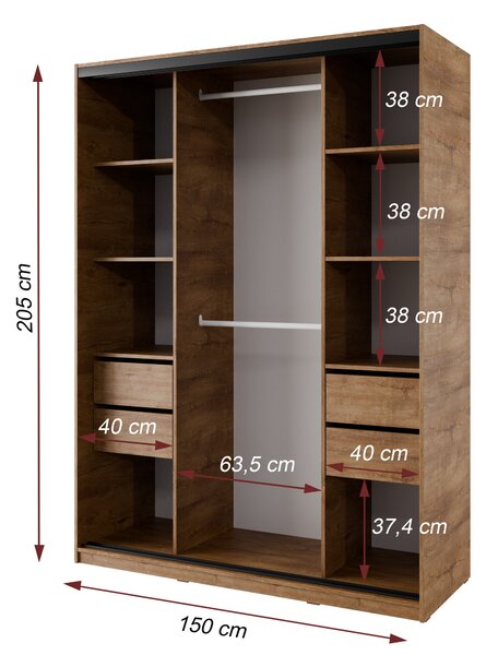 Česká šatní skříň NEJBY BARNABA 150 cm s posuvnými dveřmi,zrcadlem,4 šuplíky a 2 šatními tyčemi,dub lefkas