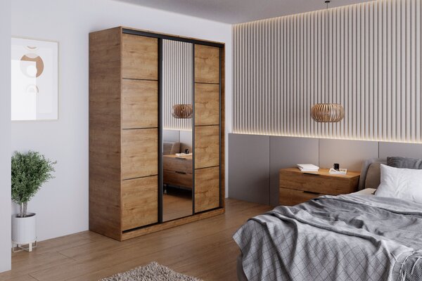 Česká šatní skříň NEJBY BARNABA 150 cm s posuvnými dveřmi,zrcadlem,4 šuplíky a 2 šatními tyčemi,dub lefkas