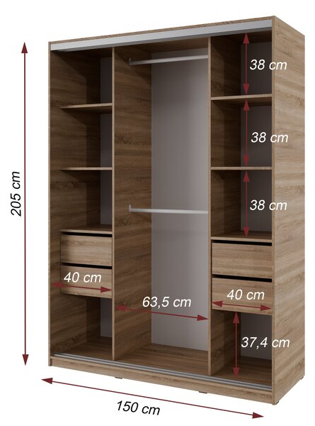 Česká šatní skříň NEJBY BARNABA 150 cm s posuvnými dveřmi, 4 šuplíky, 2 šatními tyčemi, dub sonoma