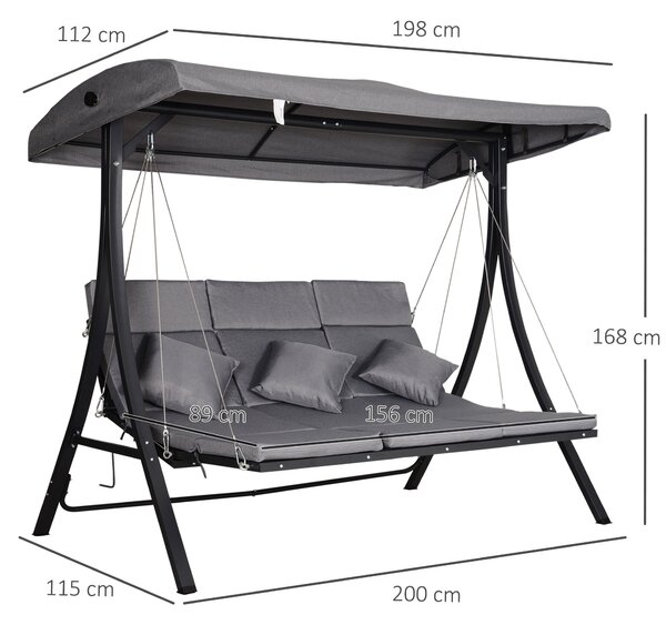 Outsunny 3-místná hollywoodská houpačka, houpačková lavička s nastavitelnou sluneční stříškou, houpačka s polstry, nosnost až 270 kg, kov, textil, šed