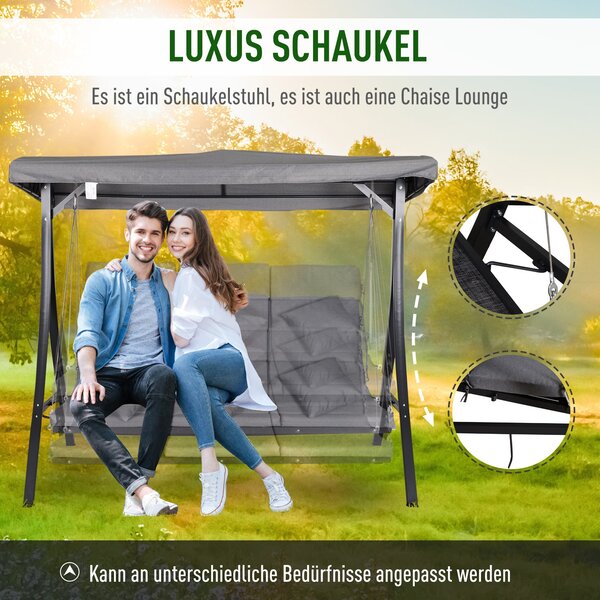 Outsunny 3-místná hollywoodská houpačka, houpačková lavička s nastavitelnou sluneční stříškou, houpačka s polstry, nosnost až 270 kg, kov, textil, šed