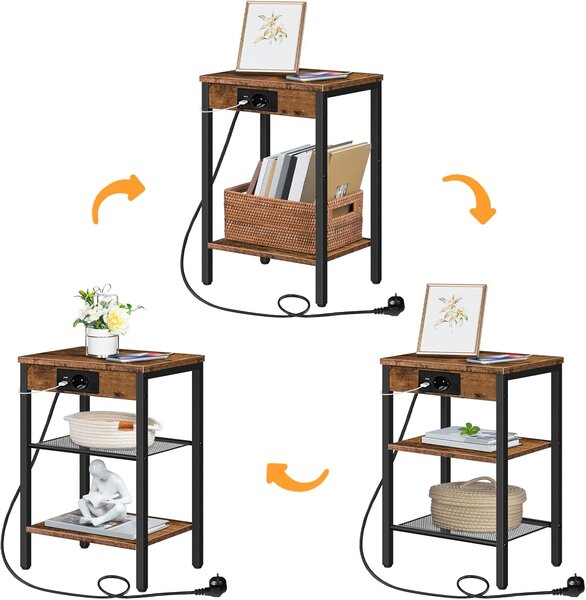 Noční stolek Vasagle Harby 38 cm s nabíjecí stanicí černý/hnědý