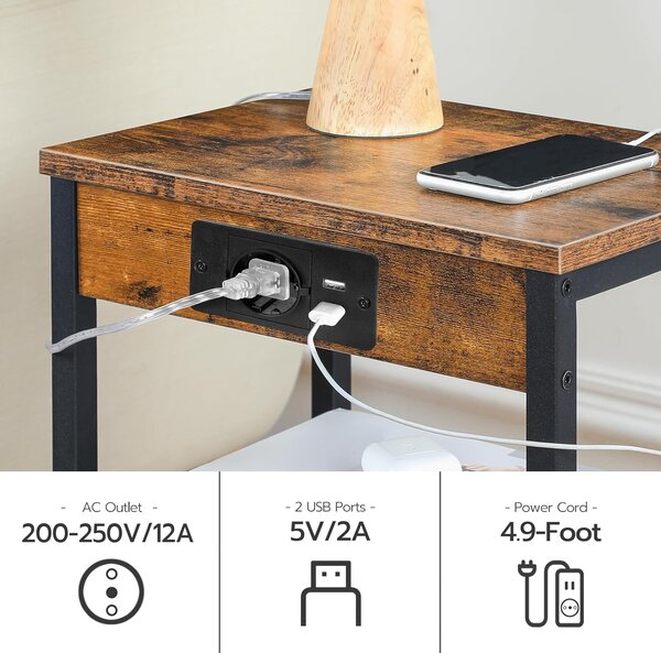 Noční stolek Vasagle Harby 38 cm s nabíjecí stanicí černý/hnědý