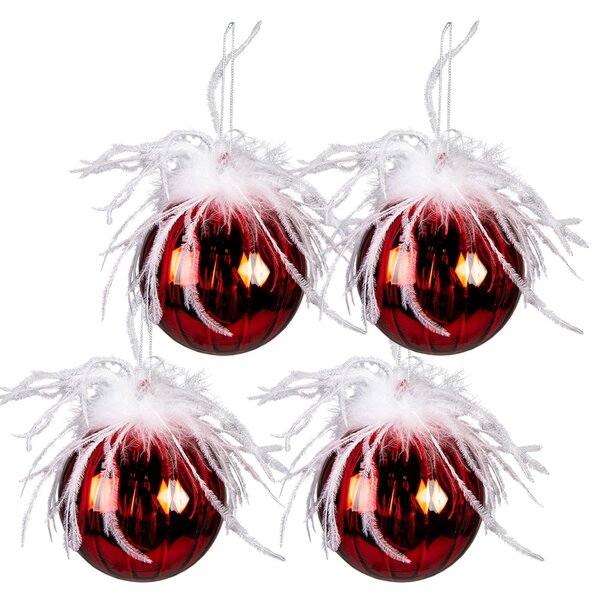 4ks červená vánoční ozdoba koule s peříčky - Ø 10 cm