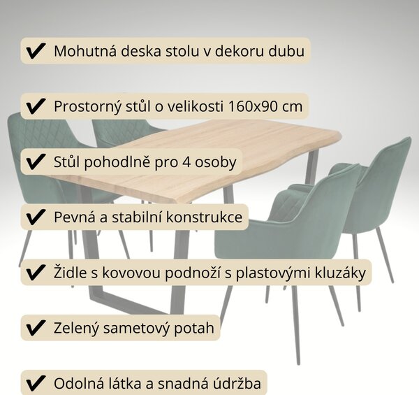 Vikio Jídelní set pro 4 osoby 160x90 cm dub noha U zelená židle s područkami VJS166-4Z