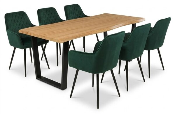 Vikio Jídelní set pro 6 osob 180x90 cm dub noha U zelená židle s područkami VJS168-6Z