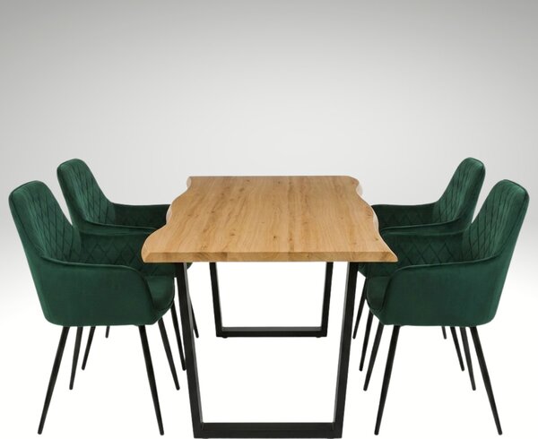 Vikio Jídelní set pro 4 osoby 160x90 cm dub noha U zelená židle s područkami VJS166-4Z