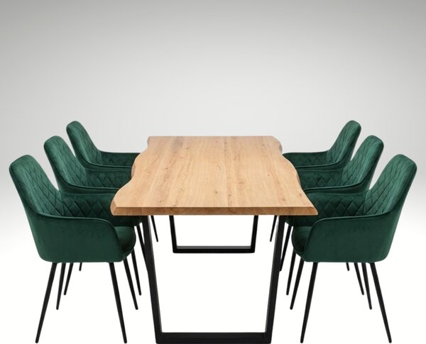 Vikio Jídelní set pro 6 osob 180x90 cm dub noha U zelená židle s područkami VJS168-6Z
