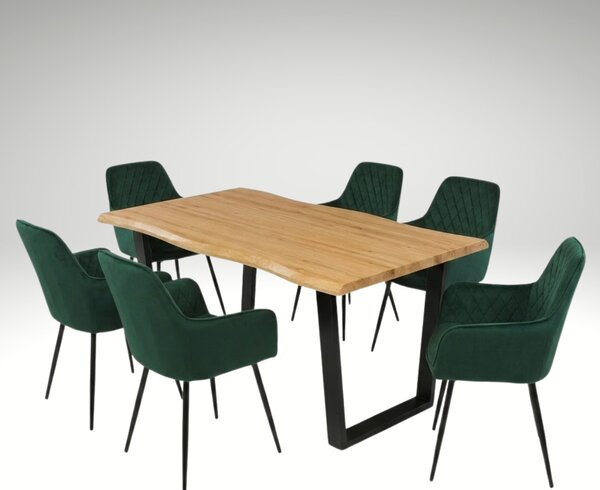 Vikio Jídelní set pro 6 osob 160x90 cm dub noha U zelená židle s područkami VJS166-6Z