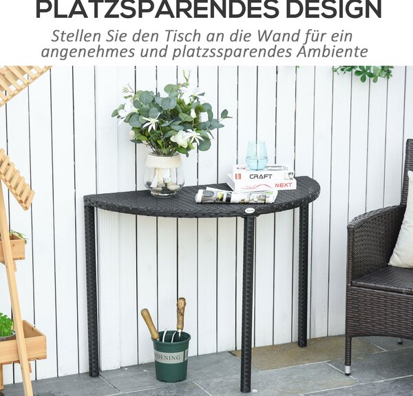Outsunny Balkonový stůl - Zahradní boční stůl, venkovní nábytek, půlkruhový, polyrattan, kov, černá, 100 x 50 x 74 cm | Aosom