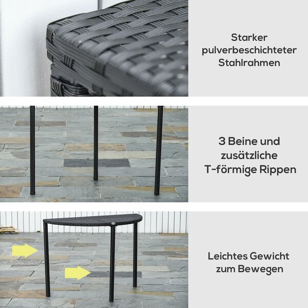 Outsunny Balkonový stůl - Zahradní boční stůl, venkovní nábytek, půlkruhový, polyrattan, kov, černá, 100 x 50 x 74 cm | Aosom