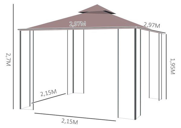 Zahradní altán Outsunny s moskytiérou a bočními panely, party stan s dvojitou střechou, zahradní gazebo 2,97x2,97m | Aosom
