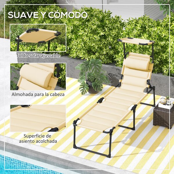 Skládací zahradní lehátko Outsunny s nastavitelnou markýzou, 4 úrovně sklonu opěradla a opěrka hlavy pro terasu a bazén, 70x200x45 cm, krémové | Aosom