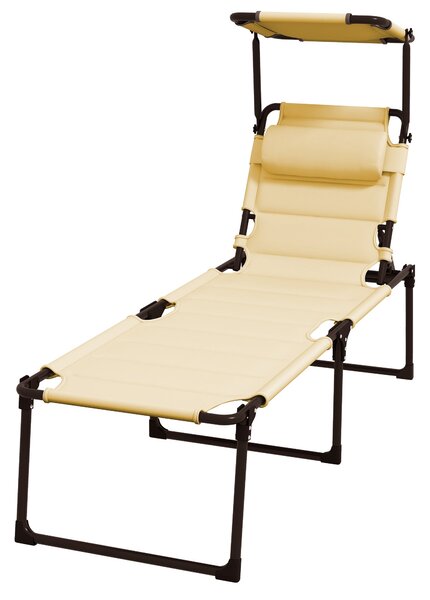 Skládací zahradní lehátko Outsunny s nastavitelnou markýzou, 4 úrovně sklonu opěradla a opěrka hlavy pro terasu a bazén, 70x200x45 cm, krémové | Aosom
